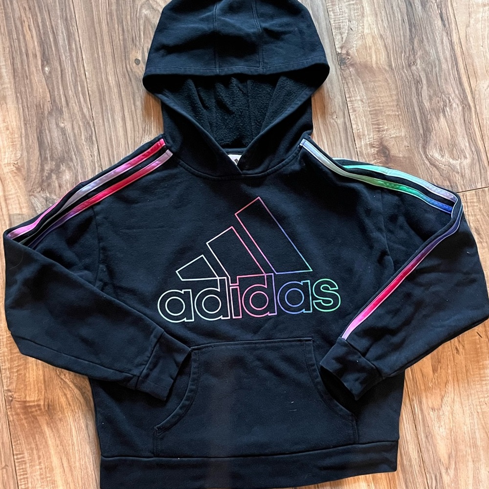 adidas Kids Black Hoodie with Rainbow Accent Logo